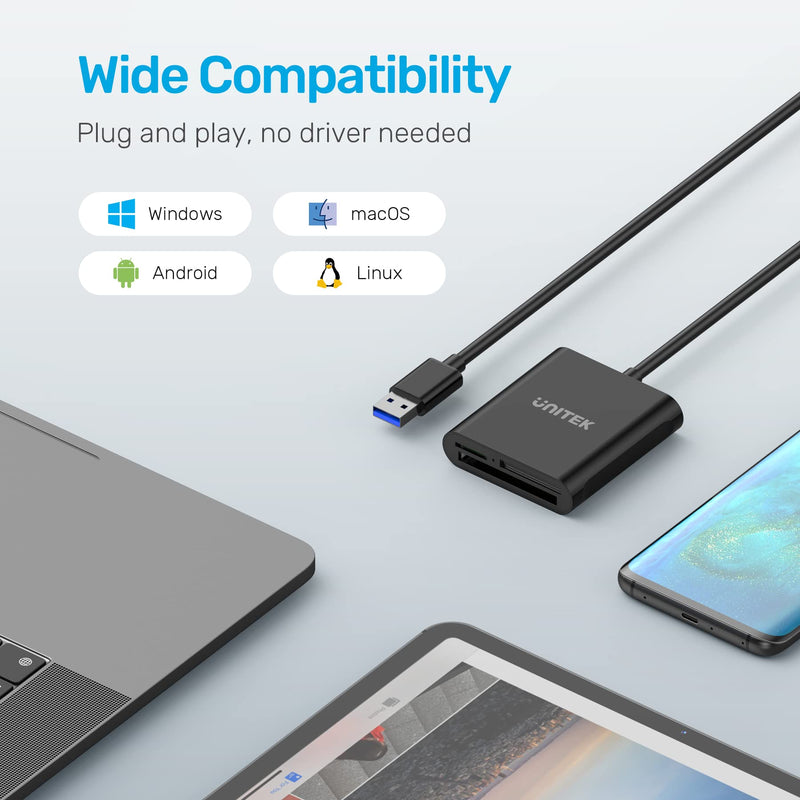 Unitek USB Card Reader 3-Slot USB 3.0 Compact Flash Card Reader, Read 3 Cards Simultaneously, Aluminum Memory Card Adapter CF, TF, SDXC, SDHC, SD, Micro SDXC, Micro SD, Micro SDHC- 4FT (Black) 4ft / Black / USB-A