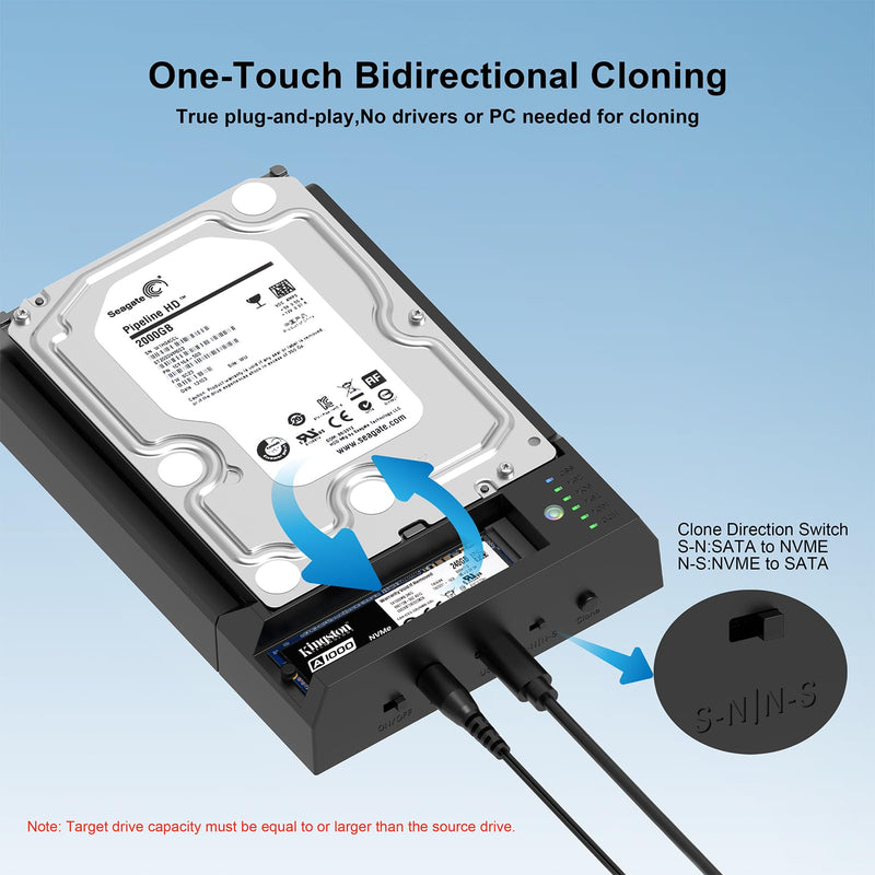 Dual-Bay Hard Drive Docking Station M.2 NVME+ SATA SSD/HDD Enclosure with Offline Clone, USB-C 10Gbps Hard Drive Dock, Tool-Free Design for Windows/Mac/Linux
