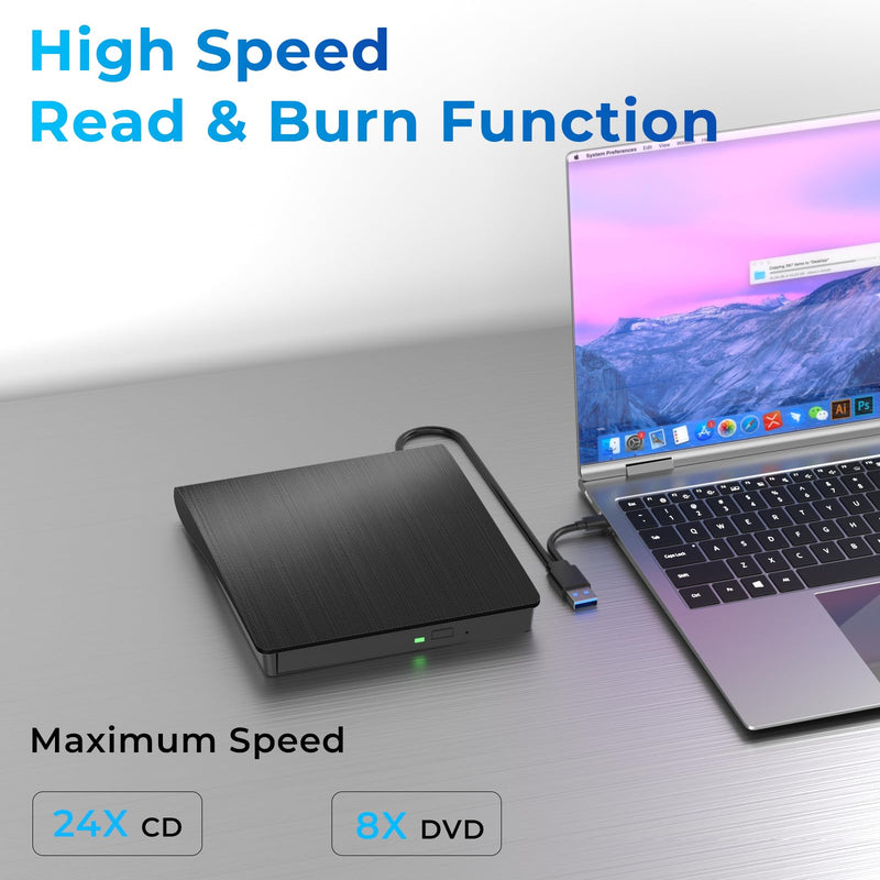 [AUSTRALIA] - External CD/DVD Drive, USB 3.0 & Type-C CD/DVD Disc Reader Writer, CD ROM +/-RW External CD Player, Portable CD Burner for Laptop Desktop PC Mac Windows Linux (Black) Black 