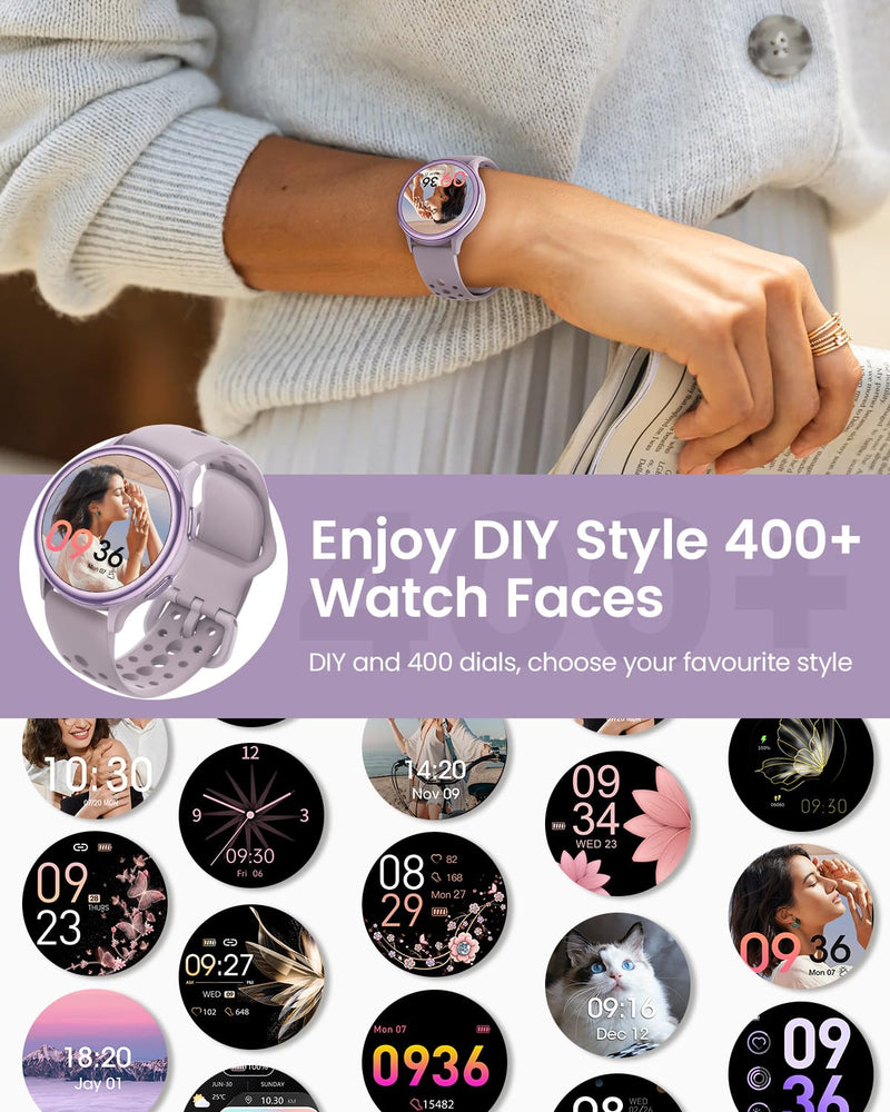 Smart Watches for Women(Answer/Make Calls), 1.27'' AMOLED Screen Activity Trackers with Heart Rate/Sleep/SpO2 Monitor, Smartwatch for iPhone/Samsung/Android,120+ Sport IP68 Fitness Watch 2Bands Violet