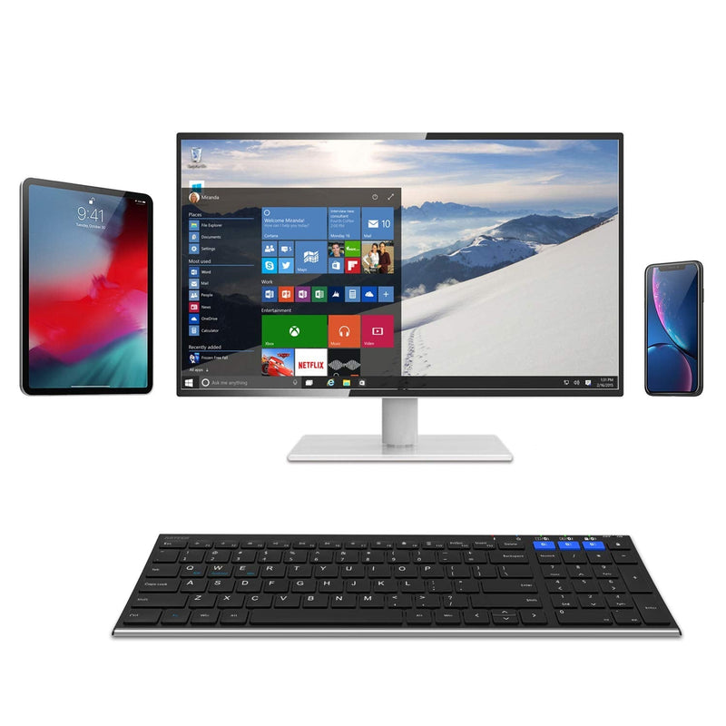 Arteck HB193 Universal Bluetooth Keyboard Multi-Device Stainless Steel Full Size Wireless Keyboard for Windows, iOS, Android, Computer Desktop Laptop Surface Tablet Smartphone Rechargeable Battery