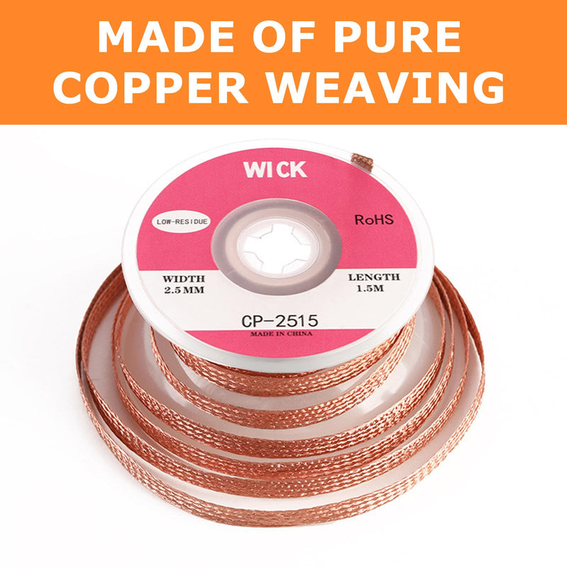 Pack of 2 Desoldering Braids with Flux, No Clean Desoldering Braid Made of Pure Copper, Premium Desoldering Wire for PCB Repairs, 2.5 mm Width, 1.5 m Length