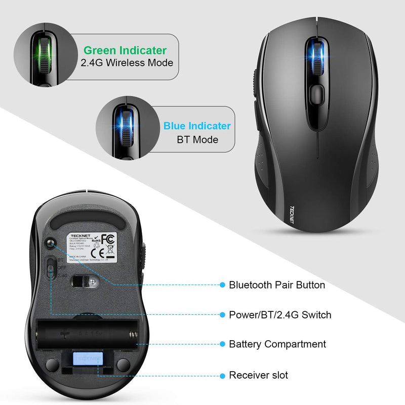 Bluetooth Wireless Mouse, TECKNET 3 Modes Bluetooth 5.0 & 3.0 Mouse 2.4G Wireless Portable Optical Mouse with USB Nano Receiver, 2400 DPI for Laptop, MacBook, PC, Windows, Android, OS System (Black) Black