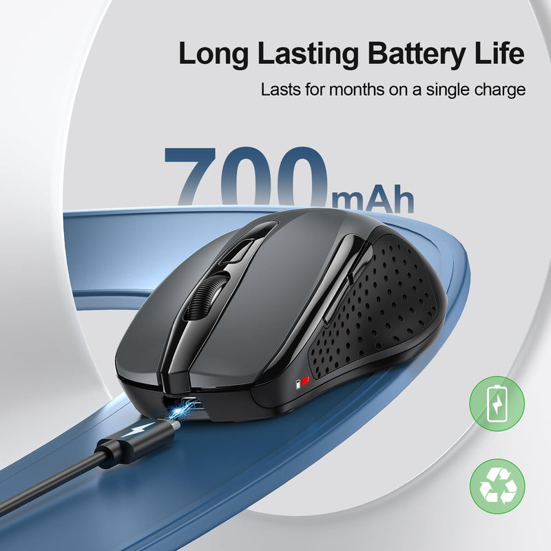 TECKNET Wireless Mouse (BT5.0/3.0 & 2.4G) Rechargeable 4800 DPI Silent Mouse 6 Buttons Bluetooth Mouse, USB A Mouse Wide Compatibility - Grey