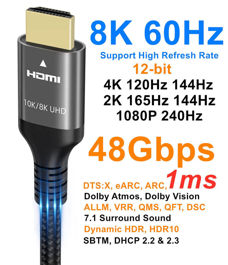 10K 8K 4K HDMI Cable 48Gbps 5 FT, Certified Ultra High Speed HDMI® Cable 4K 240Hz 144Hz 120Hz 8K60Hz 0.01ms HDR10+ eARC HDCP2.3 Netflix Roku TV PC Monitor Projector PS5 Xbox 5feet/1.5m