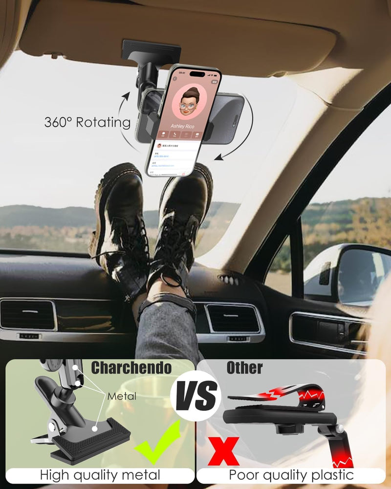 Charchendo Car Sun Visor Short Metal Arm Phone/GoPro Mount 4-7" | Bounce-Free View, Short Metal Arm, Multi Angle Adjustment, 1/4" Screw For GoPro, Fits iPhone 17 Pro Max, 4-7" Phones