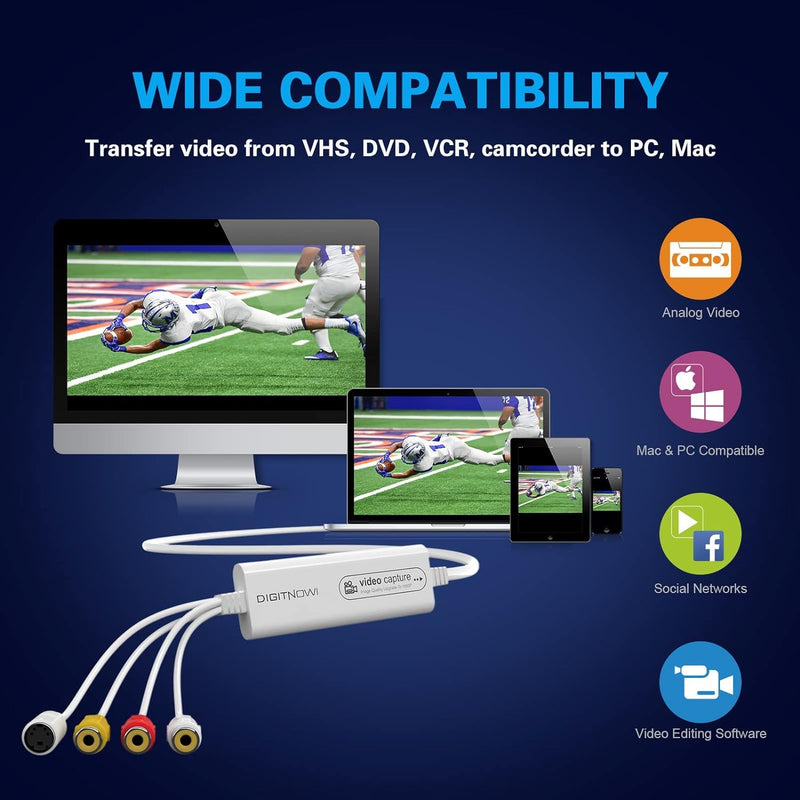 VIXLW Video Capture, USB Video Capture Device, Convert VHS to Digital, VHS/VCR/Hi8/Mini DV to Digital/DVD Converter, for Tape Player Camcorder Camera PC TV OBS, for Mac OS, Android, Windows RCA