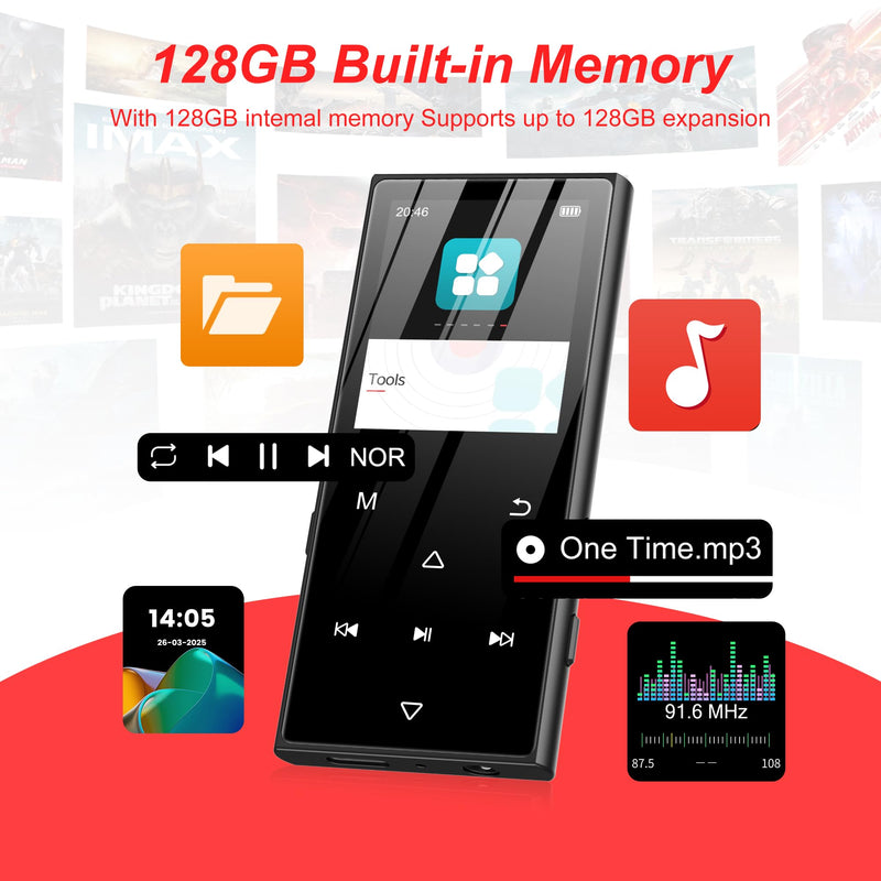 128GB MP3 Player with Bluetooth 5.3 - SWOFY D50 Music Player with Built-in HD Speaker, FM Radio, Voice Recorder, HiFi Sound, E-Book, Earphones Included