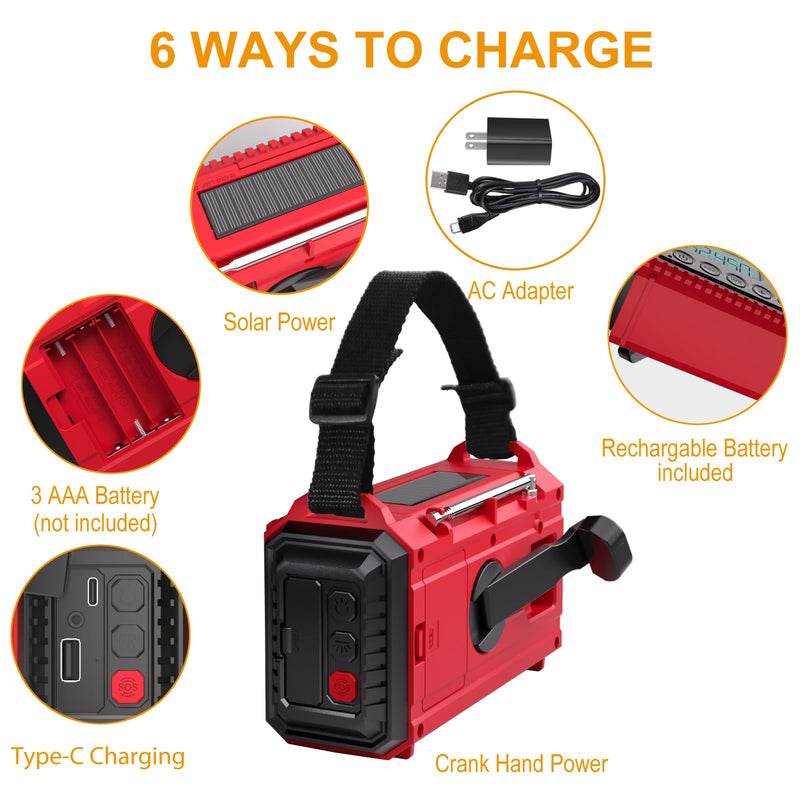 Raynic Emergency Radio, 5000mAh/18500mWh Weather Radio, Solar Hand Crank Emergency Radio with AM/FM/SW/NOAA, Cell Phone Charger, Headphone Jack, Flashlight, Type-C Charging and SOS Siren for Hurricane Red-LCD Display