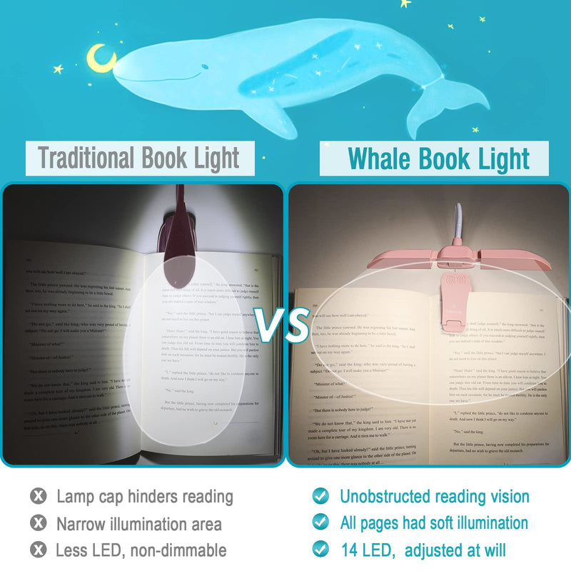 Vekkia 14 LED Rechargeable Book-Light for Reading at Night in Bed, Warm/White Reading Light with Clamp, 180° Adjustable Mini Clip on Light, Lightweight Eye Care Book Light Perfect for Readers & Kids Pink