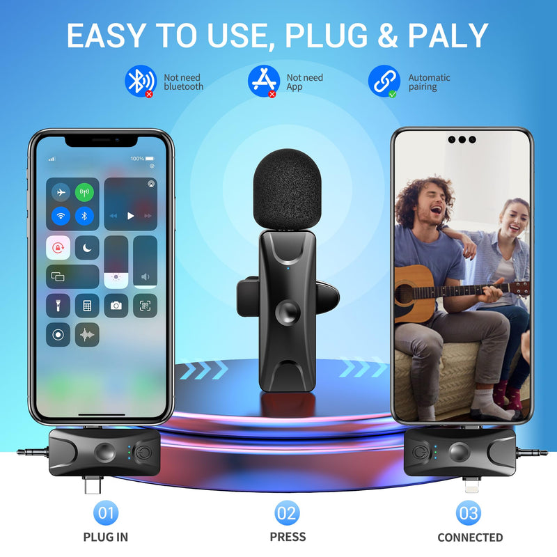 Wireless Lavalier Microphone for iPhone Android: Mini Lapel Mic with Intelligent Noise Cancelling, 48kHz/16bit, 100ft Range, for Camera, PC, Laptop, Video Recording, Streaming, Interview, Vlogs