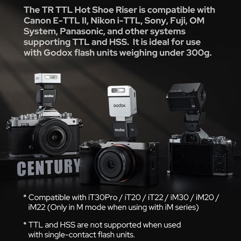 [AUSTRALIA] - Godox TR-S TTL Hot Shoe Riser for Sony Camera, Hot Shoe Extender for Godox iT30Pro-S iT20-S iT22-S iM30 iM20 iM22 Mini Flash, 0-90° Tilt Adjustment, Raises 30mm Height, Reduce Lens Shadow 