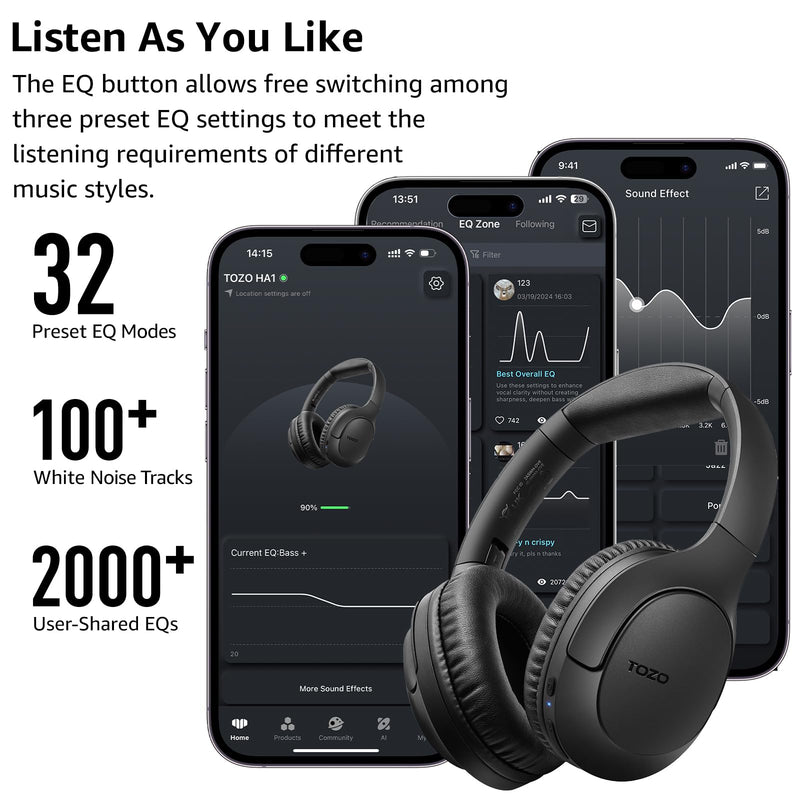 [AUSTRALIA] - TOZO Bluetooth 5.4 Over Ear Headphones, ENC Call Noise Cancelling Mic, Foldable Wireless Headset, 70H Playback, Deep Bass Stereo Sound, Customizable EQ via Button & App, for Travel and Home, Upgraded Black 