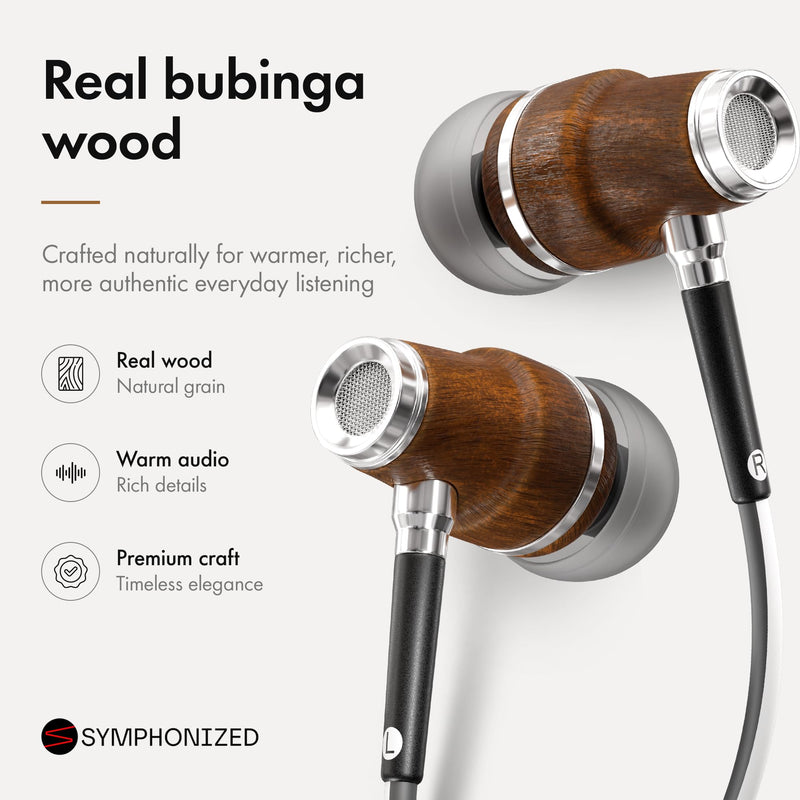 Symphonized Premium Wooden 3.5mm Jack Wired Earbuds with Microphone & Volume Control, Plug in Ear Headphones Wired Earphones with Mic, Corded Ear Buds Wire for Computer, Laptop & Phone with Aux Cord Aux 3.5mm Black