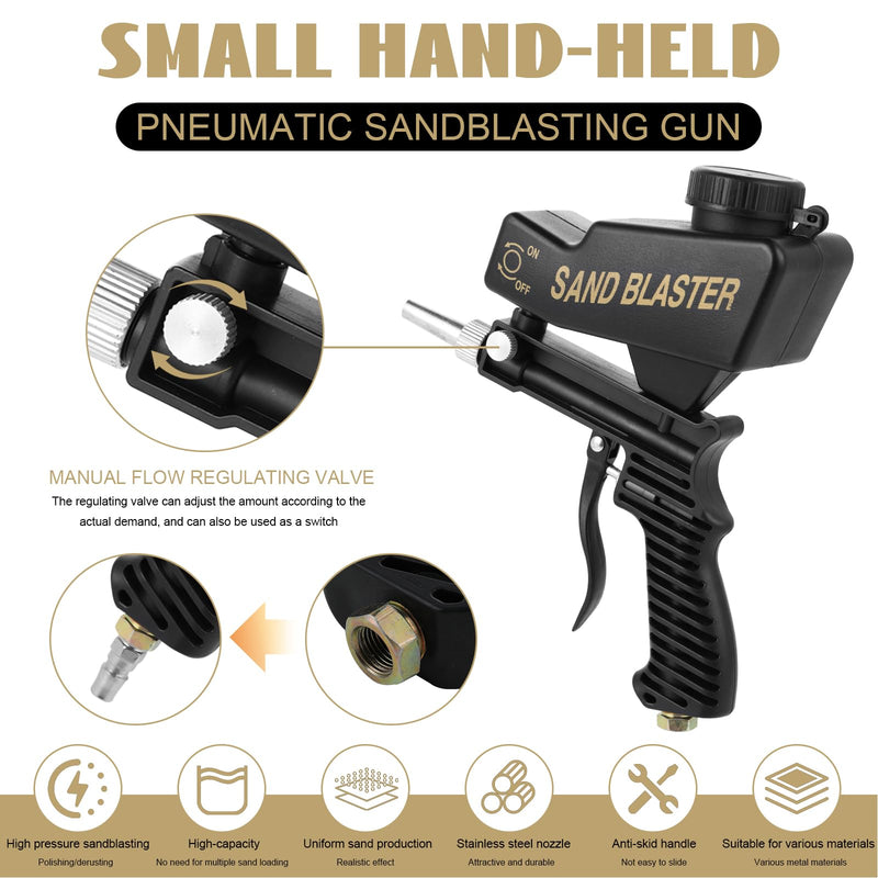 Portable Pneumatic Sandblasting Gun - Multifunctional Compressed Air Sand Blaster Machine Small Hand-Held Sandblasting Device Suitable for Removing Paint Rust Stains (Black)