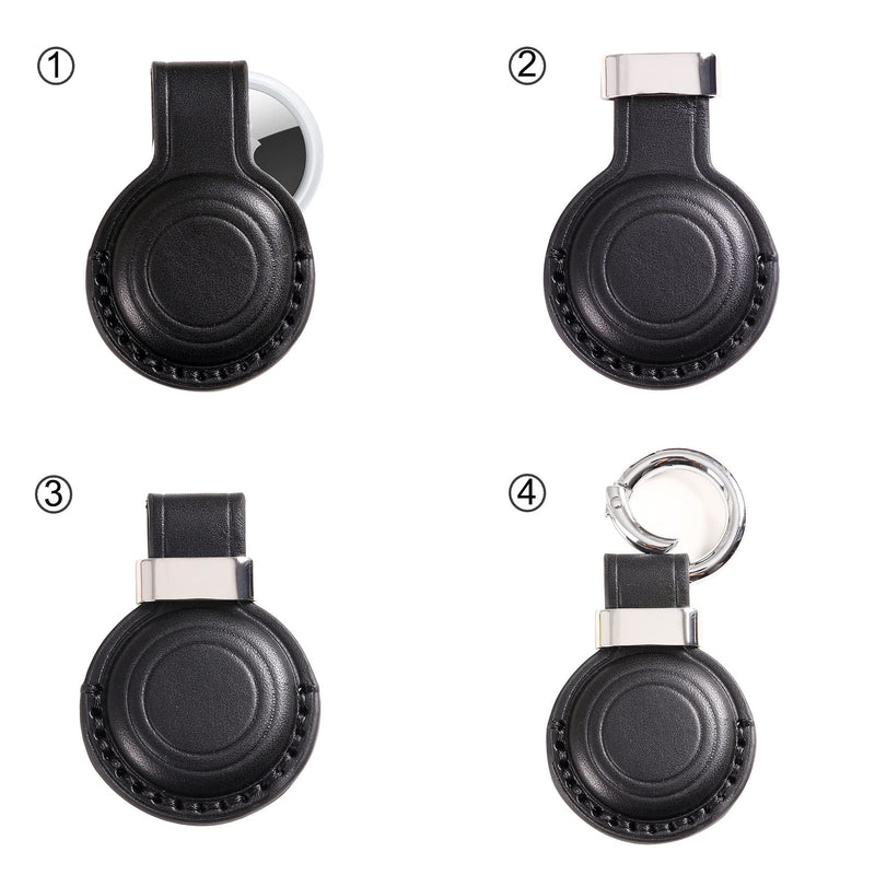 Genuine Leather Airtag Holder Suitable for Apple Airtag Keychain Leather, Secure Air Tag Holder with Stainless Steel Ring Lock, Durable Airtag Case Cover Key Ring - Black V2.0 (No Hole) Black V2.0 (No Hole)