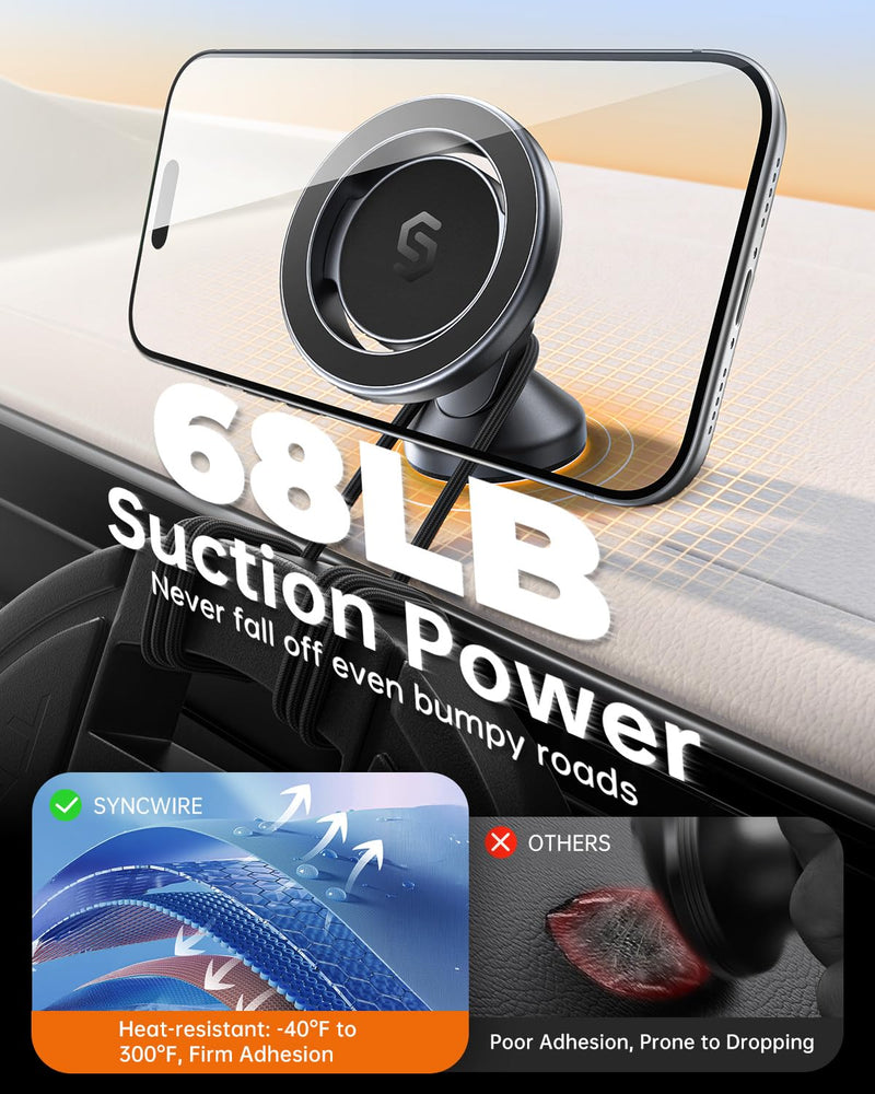 SYNCWIRE MagSafe Car Mount, Adjustable Magnetic Phone Holder, Space Gray | 360° Rotating Strong Magnet Phone Mount with 3M VHB Adhesive, Compatible with iPhone 17/16/15/14/13/12 & MagSafe Cases