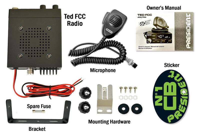 President Ted FCC AM/FM 40 Channel Compact CB Radio, LED Display, Emergency Channels, Automatic Squelch Control, PTT, 6pin MIc Plug, Time Out Timer, Key Beep, 2 Years Manufacture Warranty