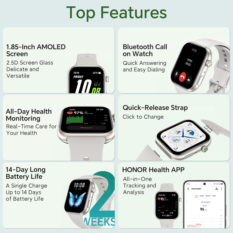HONOR Choice Watch 2i, 1.85 inch AMOLED, Bluetooth Calling Smart Watch, 14 Days Battery Life, Compatible with Android and iOS, Heart Rate Monitor Smartwatch, IP68, Black