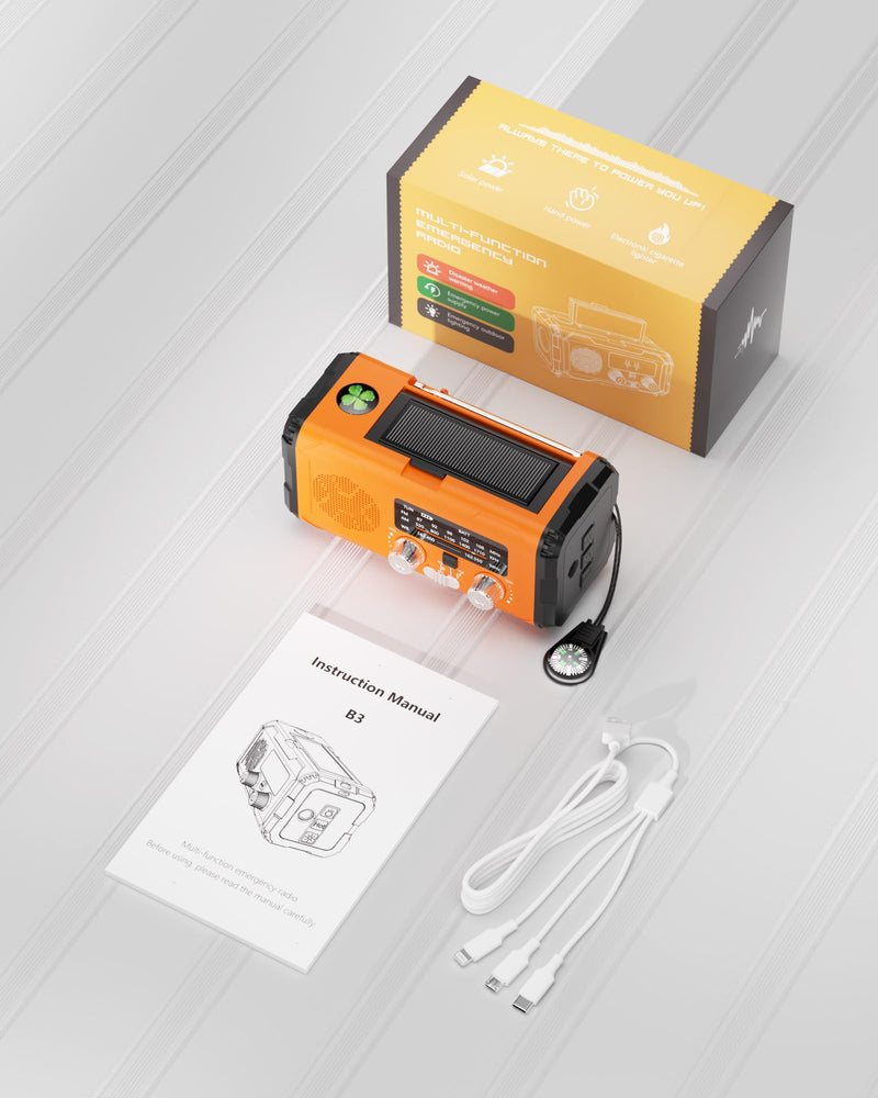 [AUSTRALIA] - Emergency Weather Radio NOAA AM FM with 10000mAh Power Bank & Fire Starter, Solar/Hand Crank/USB-C Fast Charging, SOS Alarm, Flashlight for Indoor Outdoor Survival for Campers and Preppers Orange 