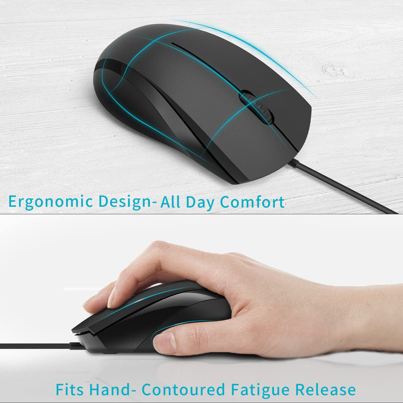 RAPOO Silent Wired Mouse, 1000 DPI 5ft Cord Quiet Button Optical Computer Mouse, Left Right Hand Use, for Laptop Chromebook Mac Notebook, Matte Black