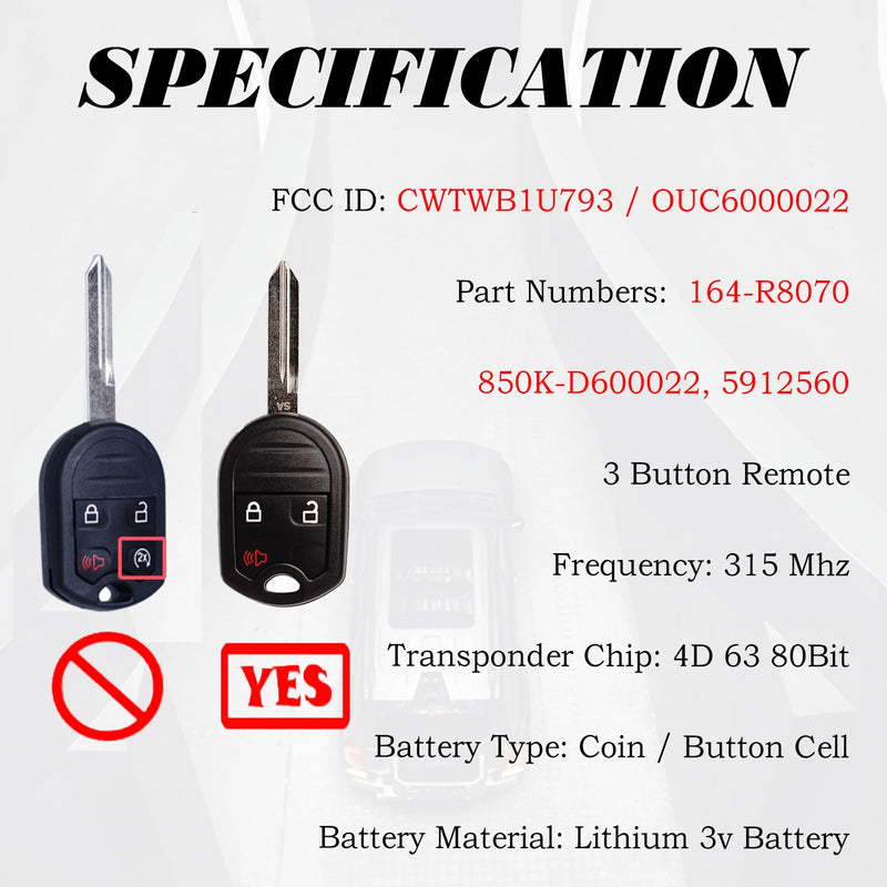 Key Fob Replacement Fits for CWTWB1U793 Ford F-150 2004-2014 F-250 F-350 2004-2016 F-450 Flex 2009-2017 Explorer 2001-2015 Escape Ranger 2001-2011 Fusion Econoline Mercury Keyless Entry Remote Control