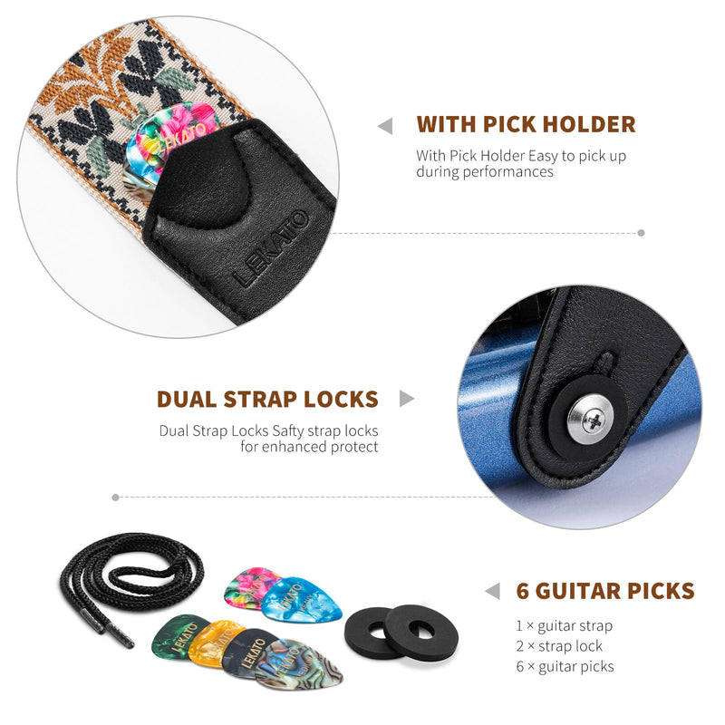 LEKATO Guitar Strap for Electric Bass Acoustic Guitar, Floral Jacquard Embroidery 2? Wide Guitar Straps Bass Strap Padded Guitar Straps with Picks & Blocks (Golden Flower White)