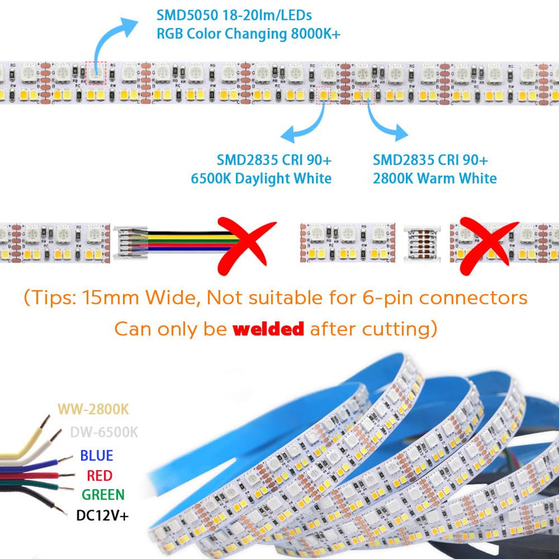 [AUSTRALIA] - DC12V RGB CCT Color Changing LED Strip Light, 5050 RGB 2835 Warm White Daylight White Double Row Super Bright RGBWW Non-Waterproof Flexible LED Tape Light(DC12V 5meter/16.4ft) DC12 V 5 m/16.4 ft 