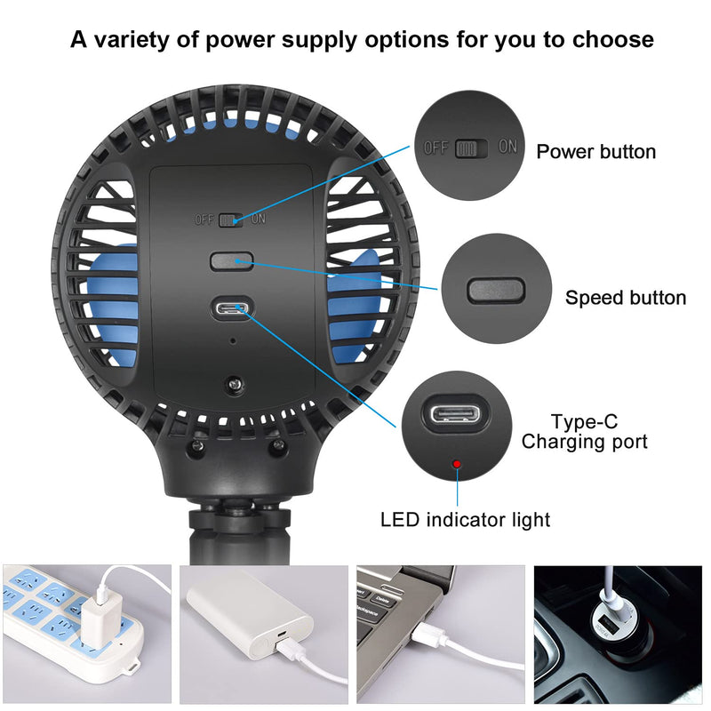 WiHoo Mini Handheld Stroller Fan,Personal Portable Fan Car Seat Baby Fan with Flexible Tripod Fix on Stroller,USB or Battery Operated Desk Fan Adjustable 3 Speeds for Camping Black