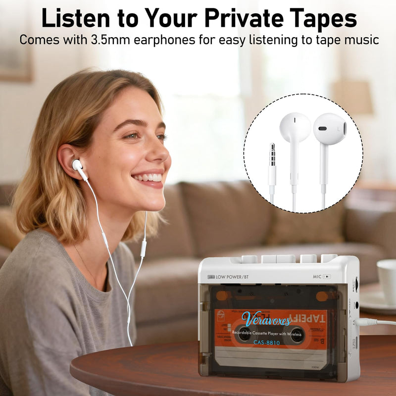 [AUSTRALIA] - Portable Bluetooth Cassette Tape Player, Cassette Player Recorder,Equipped with Headphone and AUX Ports, Support AUX Line in Record,Built-in Microphone, Powered by DC or AA Battery (White) White 