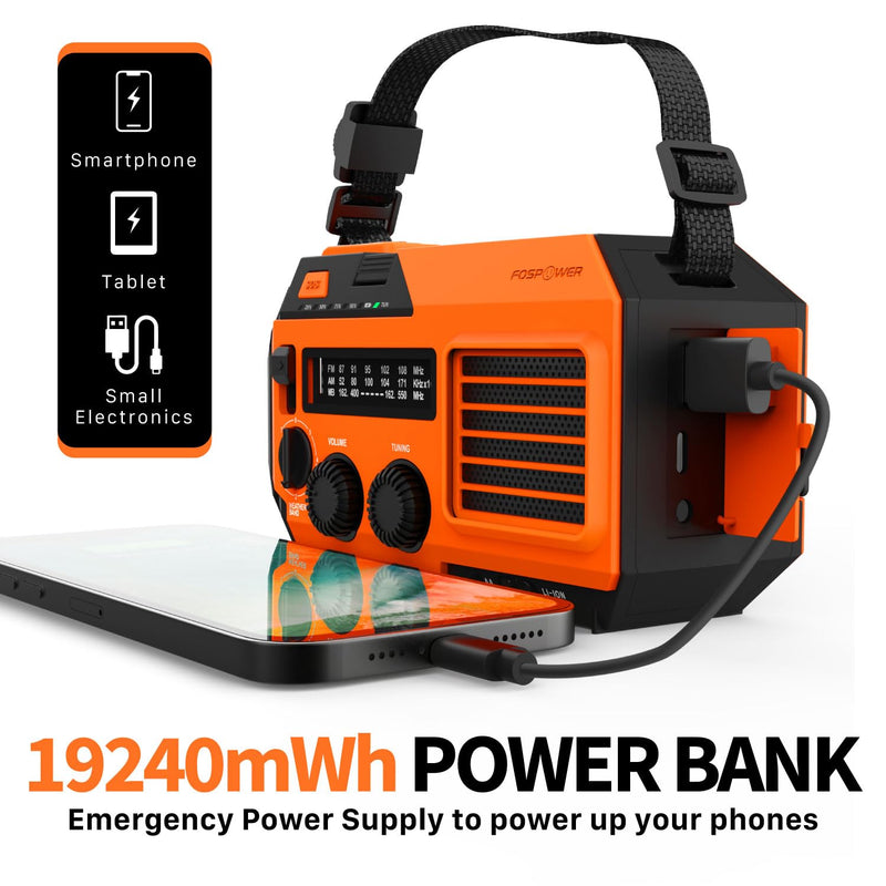 FosPower Emergency Weather Radio (Model A6) NOAA/AM/FM with 19240mWh Portable Power Bank, USB/Solar/Hand Crank Charging, Battery Operated, SOS Alarm & Flashlight for Indoor/Outdoor Emergency - Orange