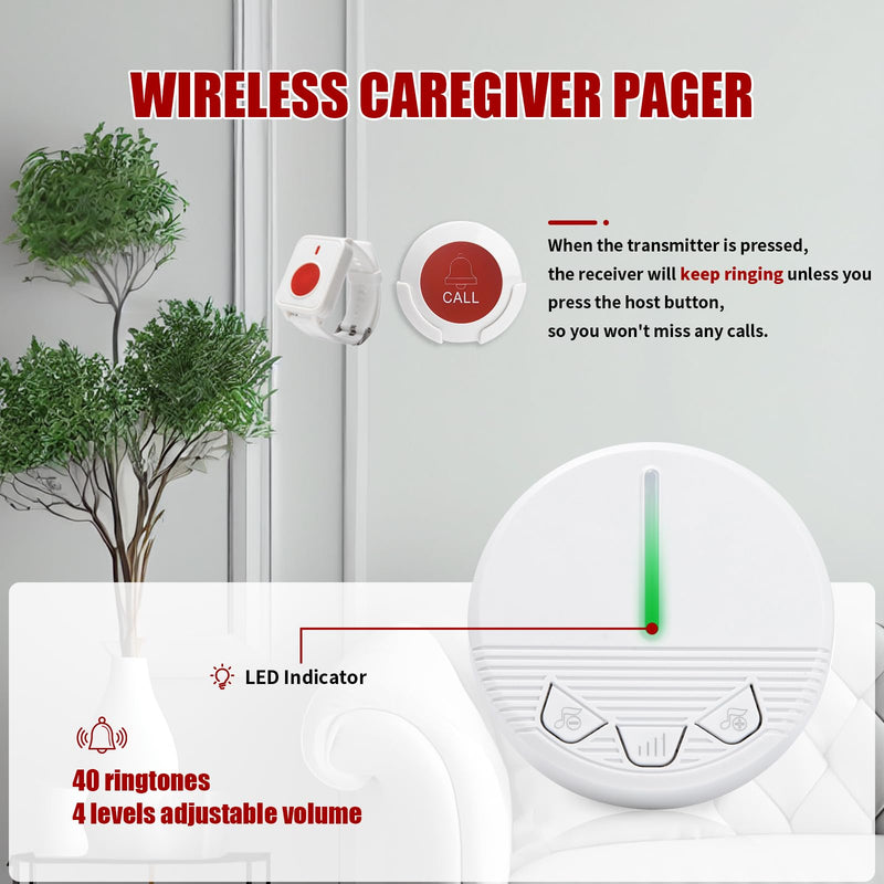Call Button for Elderly Seniors at Home Wireless Caregiver Pager Call Button Emergency Alert Button 2 Plugin Receivers 2 Waterproof Transmitters 1 Watch Button KCPM+KHG1+KSW-2+2+1