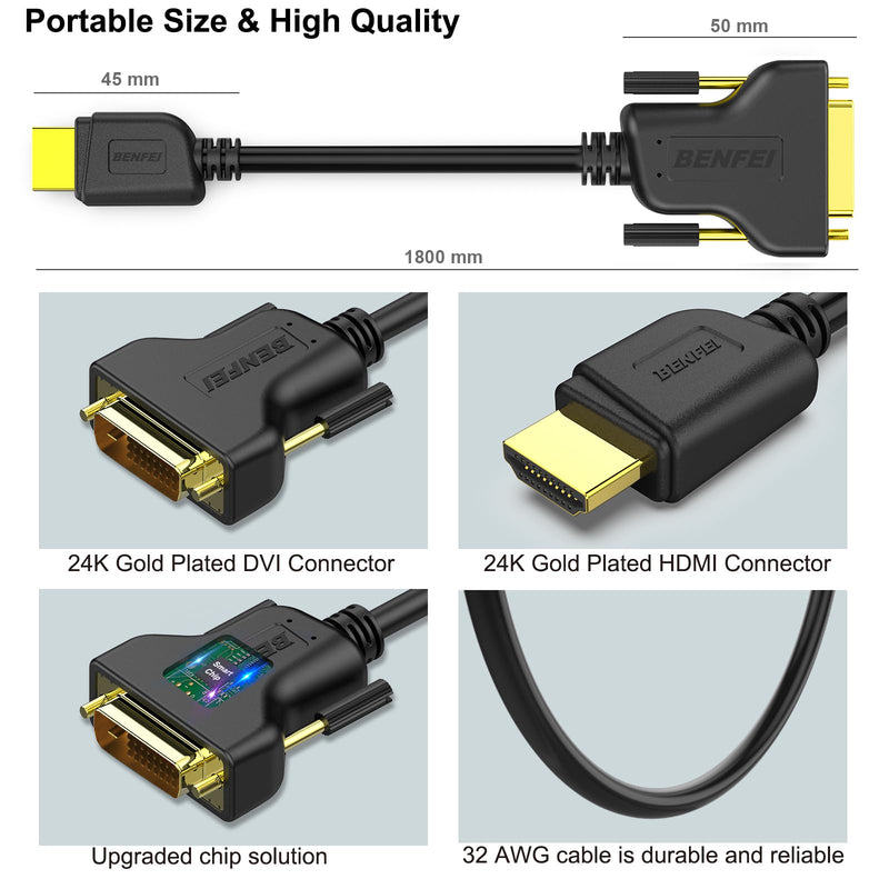 BENFEI HDMI to DVI 5 Pack, HDMI to DVI Cable Bi Directional DVI-D 24+1 Male to HDMI Male High Speed Adapter Cable Support 1080P Full HD Compatible for Raspberry Pi, Roku, Xbox One, PS4 PS3 6 Feet