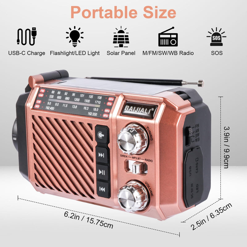 Hand Crank Emergency Weather Radio with 2600mAh/9620mWh Power Bank, NOAA AM FM Shortwave Portable Radio, Solar & USB-C Charging, Flashlight, SOS Alarm for Emergency Kits (Brown) Brown