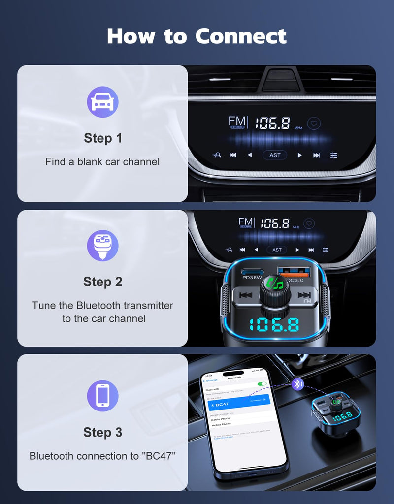 [AUSTRALIA] - RIWUSI Bluetooth 5.3 Car Adapter【PD 36W+QC3.0 18W】, 2-in-1 FM Bluetooth Transmitter 【Dual Stronger Mics】& Fast Car Charger, Wireless FM Radio Adapter Hands-Free Calling, Siri Assistant, Black 
