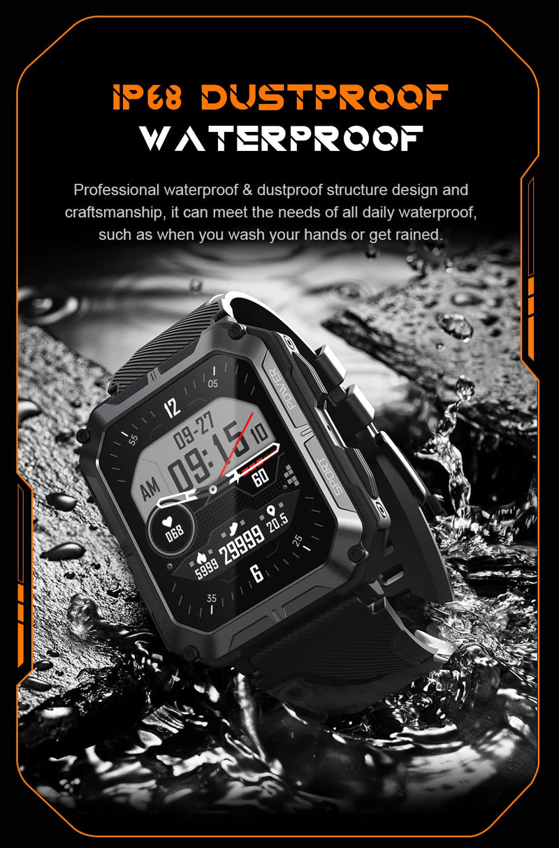 Gravity C20 Pro 1.83" Rugged Smartwatch, IP68 Waterproof, Bluetooth Call, AI Voice, 100+ Sports Modes, Heart Rate & Sleep Monitoring, Shockproof, Fitness Tracker for iOS & Android (Black)
