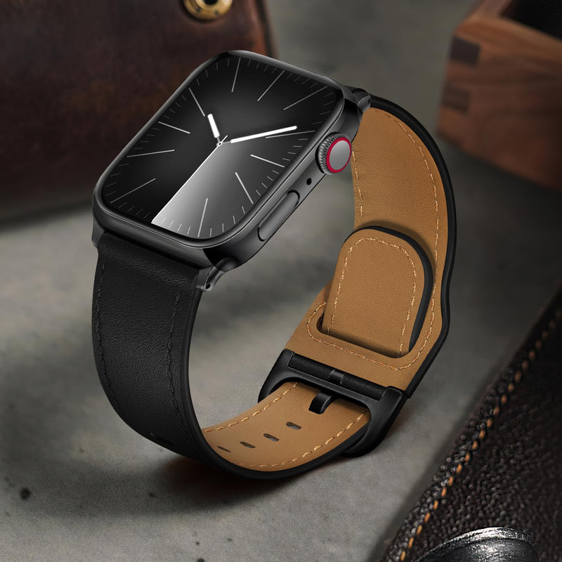 Compatible with Apple Watch Bands 42mm (Series 10) 41mm 40mm 38mm for Men Women, Top Grain Genuine Leather Band Strap Wristband for iWatch, Black/Black+Black/Titanium