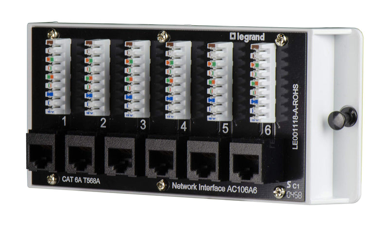 Legrand - OnQ Home Theater Patch Panel, 6 Port Interface Module, Cat 6A Network Patch Panel for Wired Ethernet Connection, Black, AC106A6