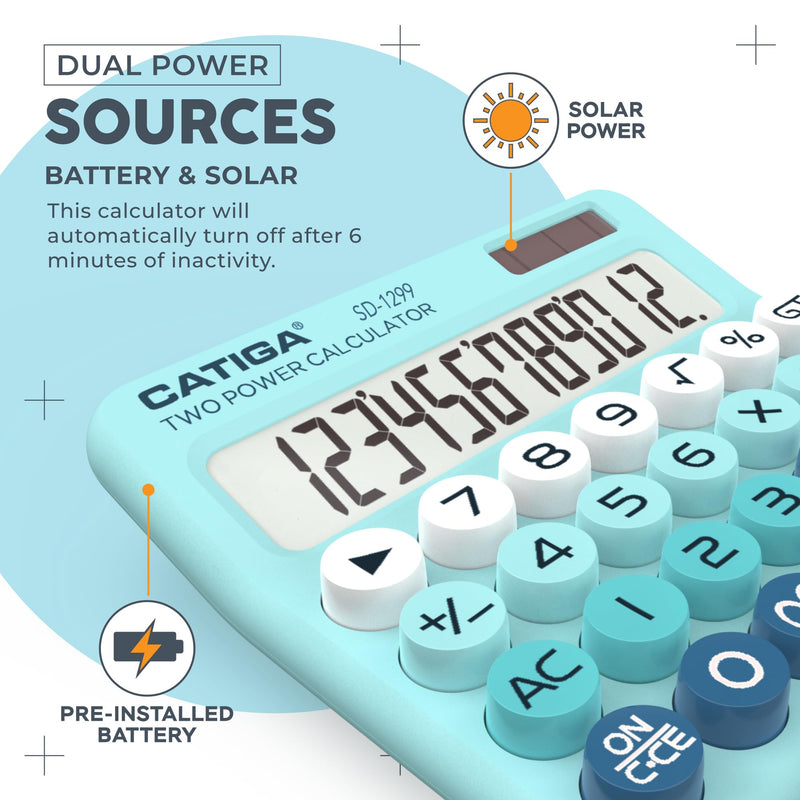 CATIGA Mechanical Switch Calculator with Solar and Battery Dual Power, 12-Digit Large LCD Display, Aesthetic and Cute Desktop Calculator with Big Button, for Home, School and Office Use, SD-1299 Aqua Blue