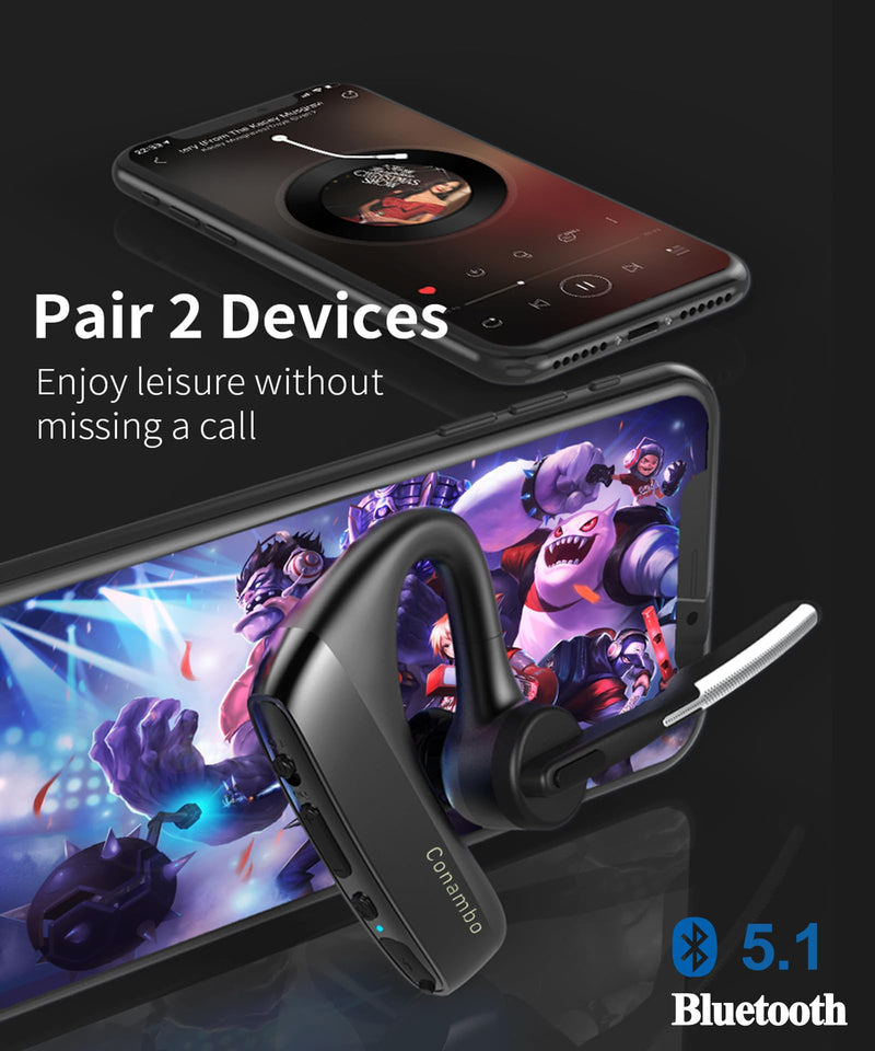 Conambo K18 Wireless Headset Bluetooth V5.1, Bluetooth Earpiece 16 Hrs Talking Time Hands-Free Single Ear Bluetooth Headset with Dual Mic Noise Canceling for Work Trucker iPhone Android Cell Phone