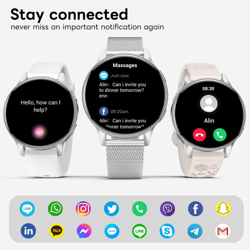 Smart Watch for Women, 1.27" HD Touchscreen Smartwatch with Bluetooth Call & Text Notification, 130+ Sport Modes, IP68 Waterproof Fitness Tracker with Heart Rate/Sleep Monitor, 3 Bands Silver-1
