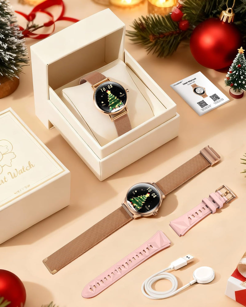 WalkerFit Smartwatch for Women, 1.43” AMOLED Fitness Watch with Bluetooth Calling, Wireless Magnetic Charging, Female Health Tracker, 120+ Sports Modes, IP68 Waterproof, Compatible with Android iOS Rose Gold