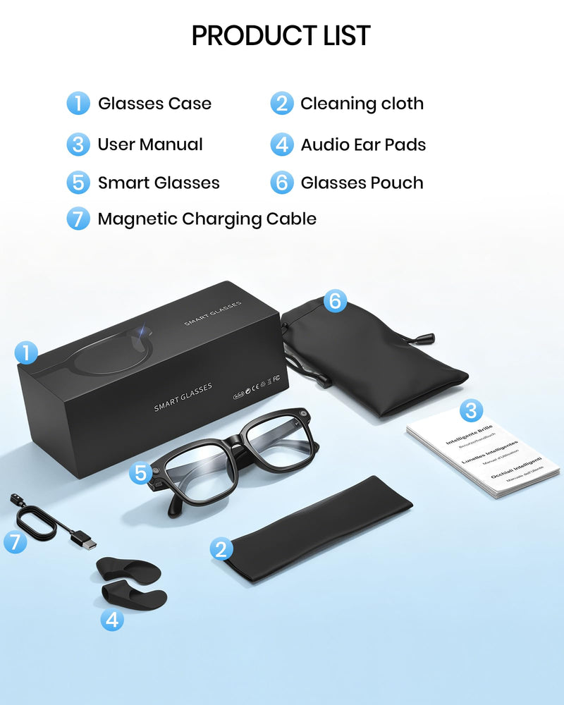 Smart Glasses with Camera and Bluetooth,HD Video Recording,Clear Lens | Voice Control,Open-Ear Bluetooth Audio, Hands-Free Calls Multi-Language Translation, Anti-Shake Video Photo Capture Black-Clear Lens