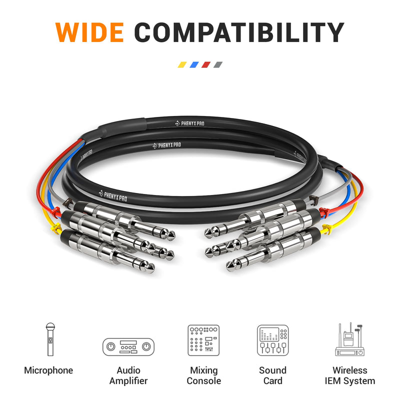 Phenyx Pro 4-Channel TRS Snake Cable, Color-Coded TRS Patch w/24 AWG OFC Copper, 6 Ft, 1/4" Audio Cable, TRS to TRS Balanced 1/4-Inch Cable for Guitar, Bass & AMP (PCBL-QR4IN1-6) 6 Feet