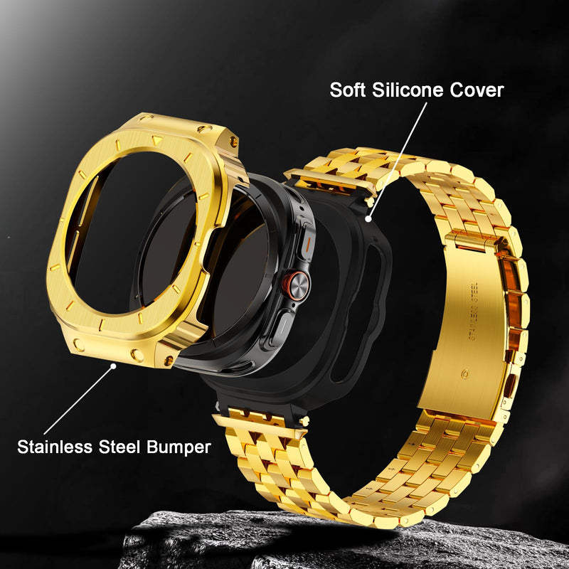 HASLFM Stainless Steel Case and Bands Compatible with Samsung Galaxy Watch 7 8 Ultra 47mm/ Galaxy Watch 5 pro 45mm/ Galaxy Watch 6/5/4 44mm, Rugged Metal Band Rugged Protector Cover for Men Gold-1 47mm(Galaxy Watch 7 8 Ultra)