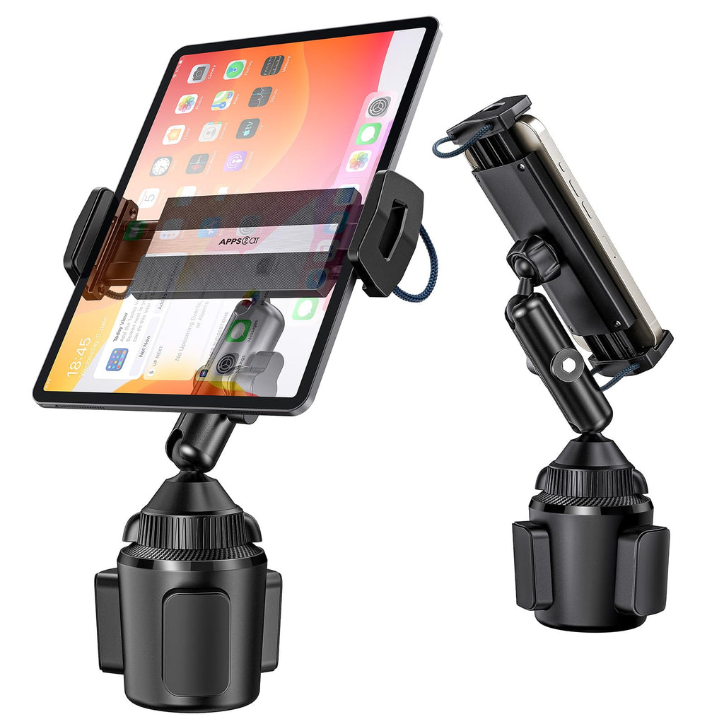 APPS2Car iPad Cup Holder Mount for Car, [Adjustable Alloy Arm] Tablet Holder for Car, Cup Holder Tablet Mount Road Trip Essentials iPad Holder for Car Compatible with 4.7”-12.9” Cell Phones & Tablets