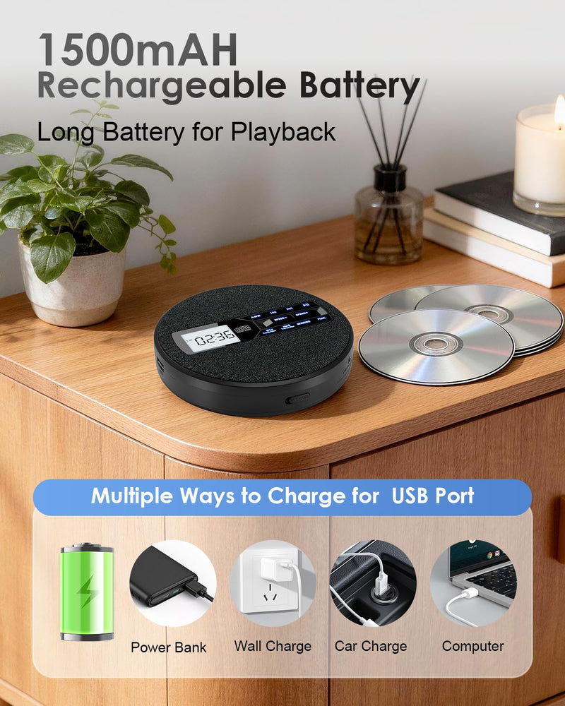 [AUSTRALIA] - Portable CD Player for Car with FM Transmitter, Rechargeable Small CD Player with Bluetooth & Dual Speakers for Home, Anti-Skip, Resume Playback, AUX/USB, Backlit LCD Display, Headphones 