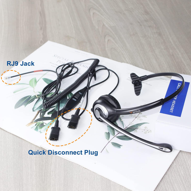 Wantek Yealink Phone Headset with Quick Disconnect Cord, RJ9 Office Telephone Headsets with Mic Noise Cancelling Compatible with Yealink VoIP Phone T21P T42S T46S T48S T27G T53W T54W Grandstream Snom Monaural Black