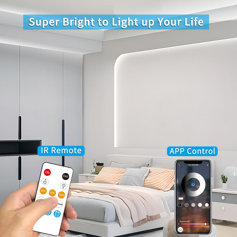 COB LED Strip Lights 50ft,6000K DC 24V Dimmable White Flexible LED Rope Lights for Bedroom,with Remote and app Control LED Lights strip for Living Room, Shelf, Cabinet