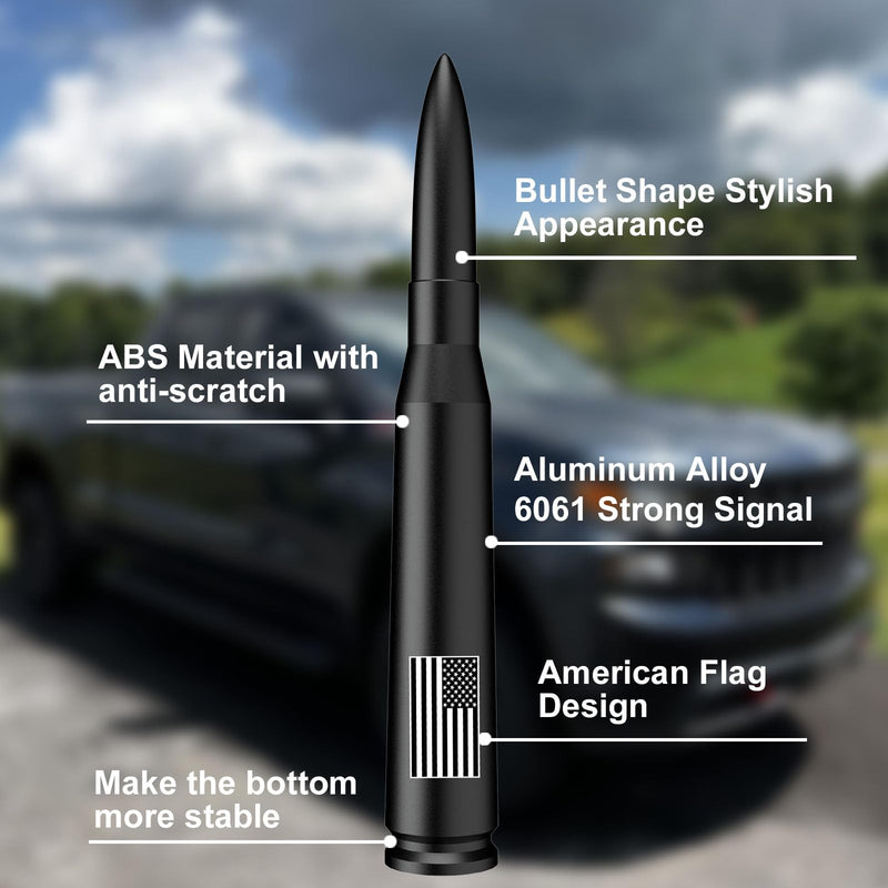 Car Truck Bullet Antenna with Tire Valve Caps American Flag Universal Short Replacement for GMC Sierra Chevy Silverado Dodge Ram 1500 2500 3500 Ford F150 F250 F350 Super Duty Accessories, Matte Black 5.5 inch
